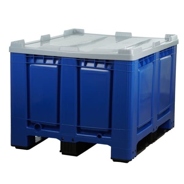 Palettenbox mit Deckel 680l 1200x1000x790 Blau - 3Kufen - geschlossen - kurze Seite
