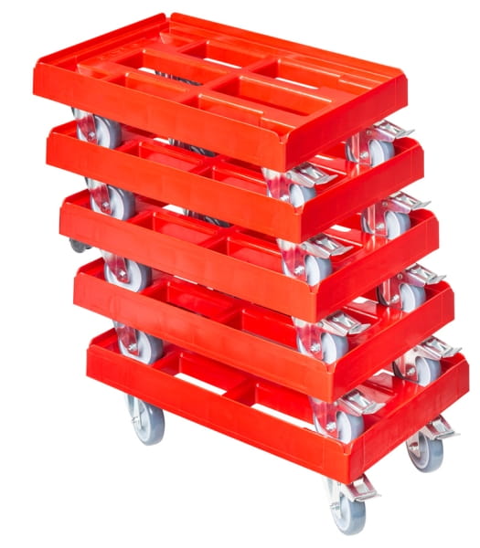 5 x Stück Transportroller für Kisten 600x400 mm mit 2 Bremsen Rot