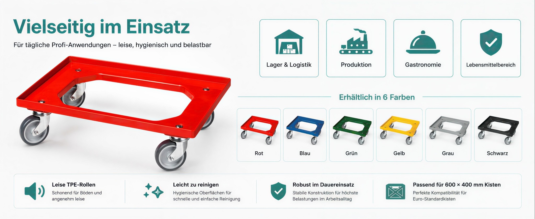 Einsatzbereiche und Farbvarianten des Logiplast Transportrollers