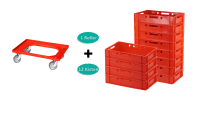 10836_Set 12 Stück E1-Kisten rot + 1 Transportroller Typ C rot