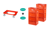 10837_Set 8 Stück E3-Kisten rot + 1 Transportroller Typ C rot