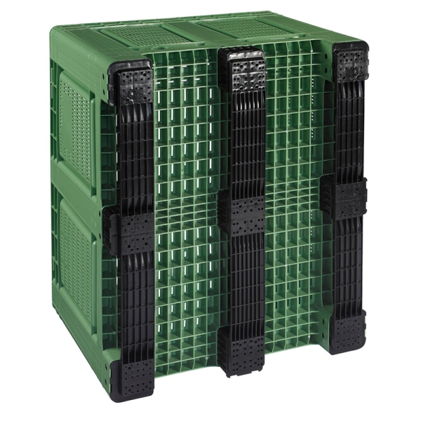 3 Stück Palettenboxen 1200 x 1000 x 790 mm - 3 Kufen - grün - durchbrochen - unten