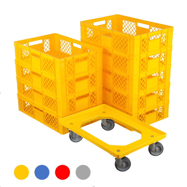 9 Stück Bäckerkisten 600 x 400 x 150 mm + 1 Transportroller Typ C versch. Farben