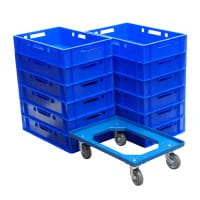 12 Stück E1-Kasten blau + 1 Transportroller Typ C blau