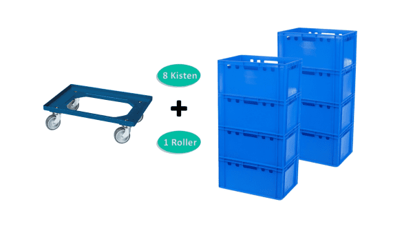 8 Stück E3-Kasten blau + 1 Transportroller Typ C blau