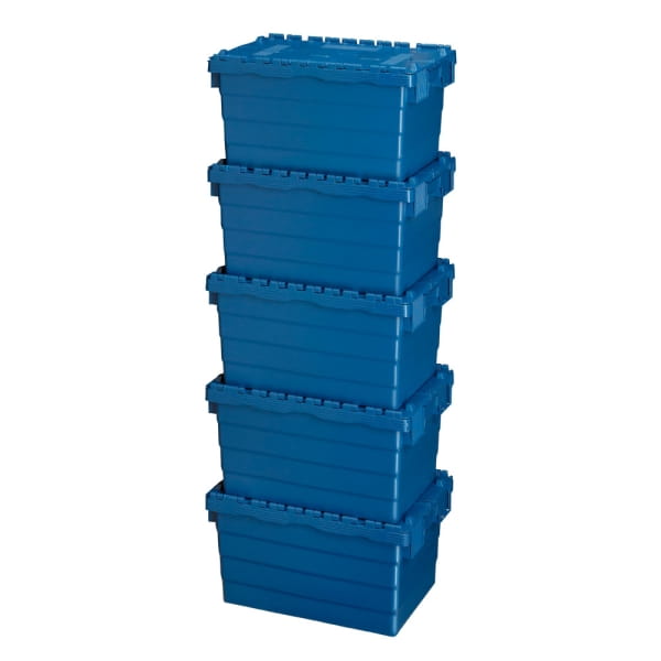 5 Stück Mehrwegbehälter mit Deckel 60L Volumen – ALC-Behälter Transportbox gestapelt