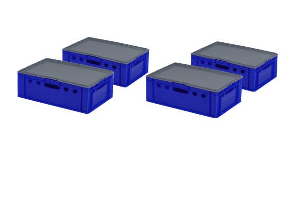 4 Stück E2-Kasten Blau mit 4 Deckel in Grau