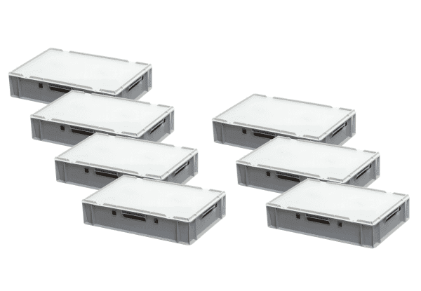 7 Stück E1-Kasten in Grau mit 7 Deckel in Grau