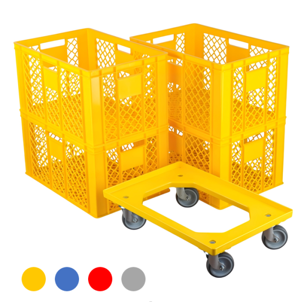 4 Stück Bäckerkisten 600 x 400 x 320 mm + 1 Transportroller Typ C versch. Farben