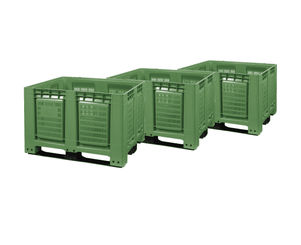 3 Stück Palettenboxen 1200 x 1000 x 790 mm - 3 Kufen - grün - durchbrochen