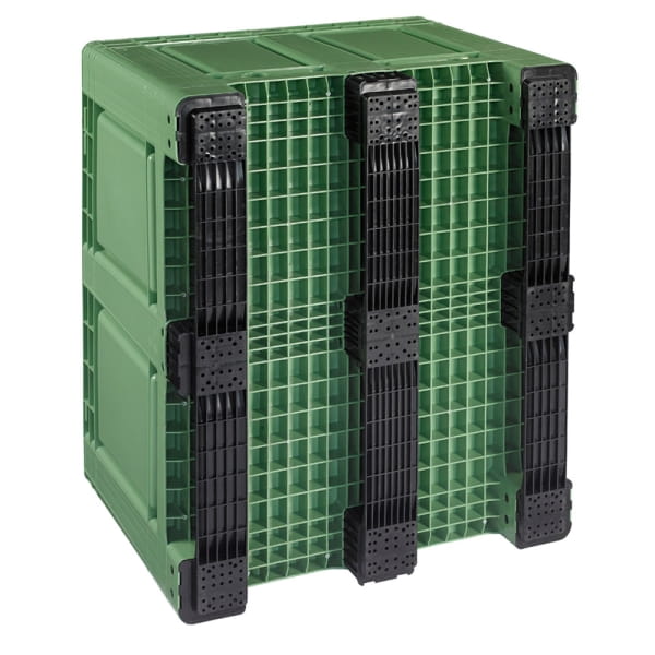 3 Stück Palettenboxen mit Deckel 680l 1200x1000x790 mm Grün - 3 Kufen unten