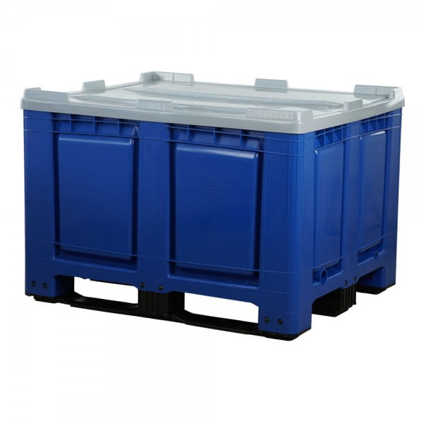 Palettenbox mit Deckel 680l 1200x1000x790 Blau - 3Kufen - geschlossen - lange Seite