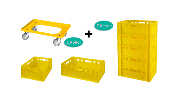 10844_Set 7 Stück E2-Kisten gelb+ 1 Transportroller Typ C gelb