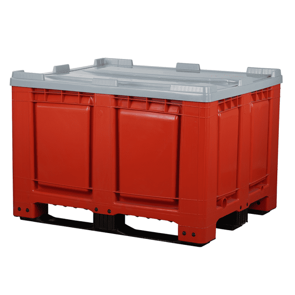 Palettenbox mit Deckel 680l 1200x1000x790 Rot - 3 Kufen - geschlossen - lange Seite