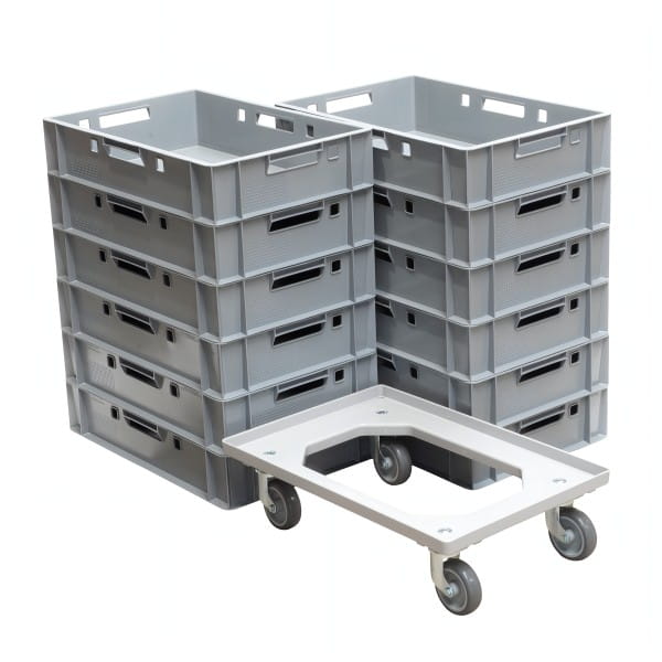 12 Stück E1-Kasten grau + 1 Transportroller Typ C grau