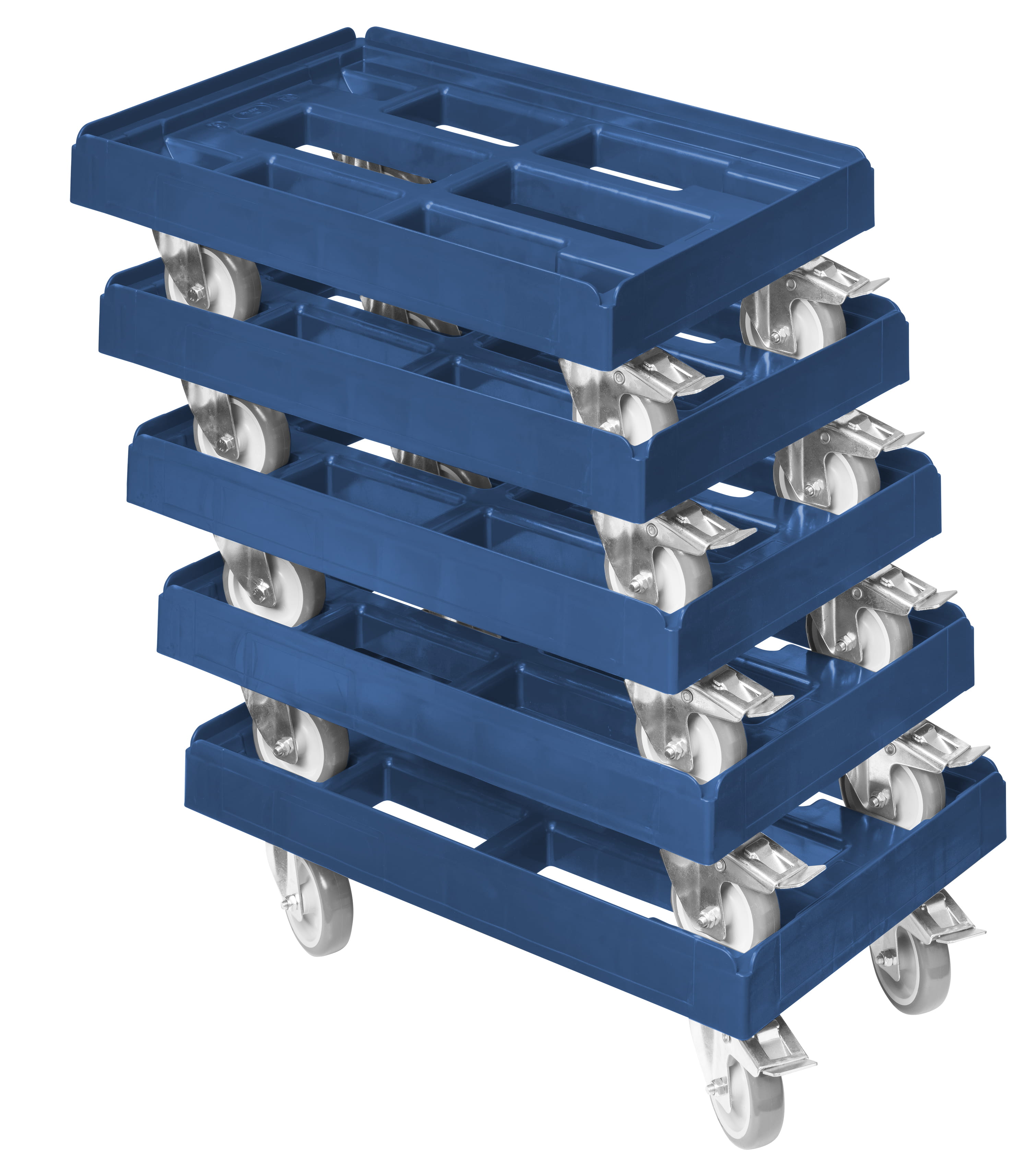 Kistenroller 600x400mm blau mit 4x Weich PU Rädern 2x Festst. Transportroller 