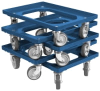 5 x Stück Transportroller Transportwagen Euroroller für Kisten 60 x 40 cm 4 Lenkrollen Blau gestapelt