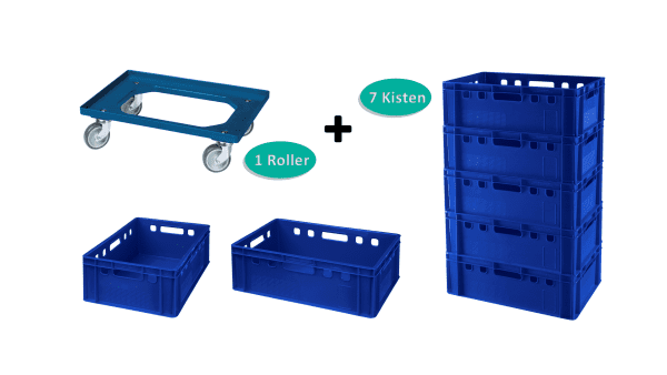 10839_Set 7 Stück E2-Kisten blau + 1 Transportroller Typ C blau