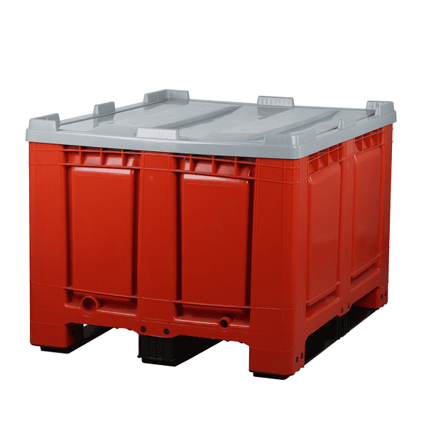 Palettenbox mit Deckel 680l 1200x1000x790 Rot - 3 Kufen - geschlossen - kurze Seite
