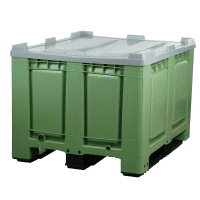 Palettenbox mit Deckel 680l 1200x1000x790 Grün - 3 Kufen - geschlossen - kurze Seite
