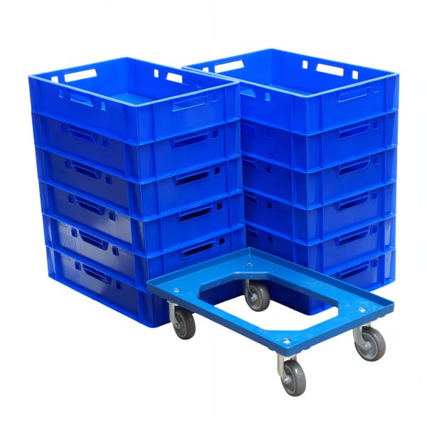 12 Stück E1-Kasten blau + 1 Transportroller Typ C blau