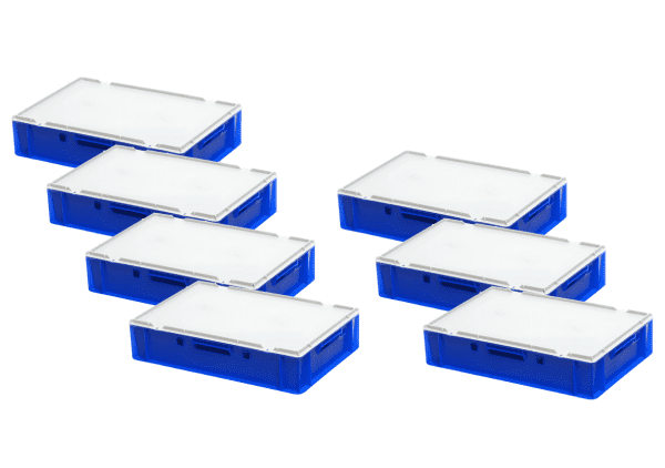7 Stück E1-Kasten in Blau mit 7 Deckel in Grau
