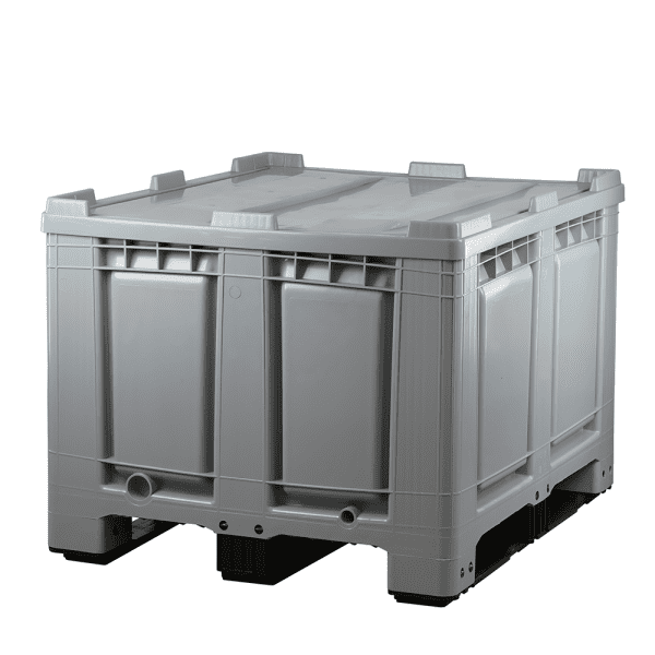 Palettenbox mit Deckel 680l 1200x1000x790 mm Grau - 3 Kufen - geschlossen - kurze Seite