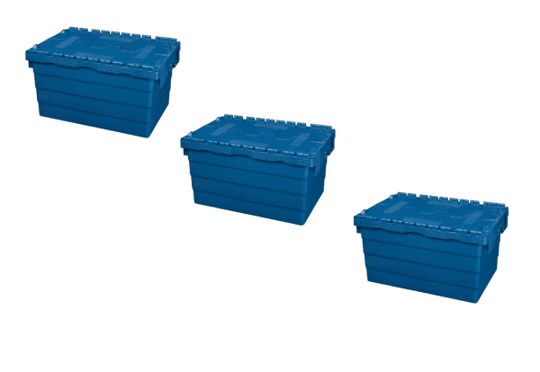 3 Stück Mehrwegbehälter mit Deckel 60L Volumen – ALC-Behälter Transportbox gestapelt
