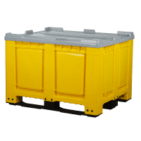 Palettenbox mit Deckel 680l 1200x1000x790 Gelb - 3 Kufen - geschlossen lange Seite