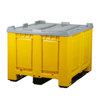 Palettenbox mit Deckel 680l 1200x1000x790 Gelb - 3 Kufen - geschlossen - kurze Seite